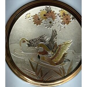 Vintage Chokin Plate Small Ducks Birds Cherry Blossoms 24K Gold Art of Chokin